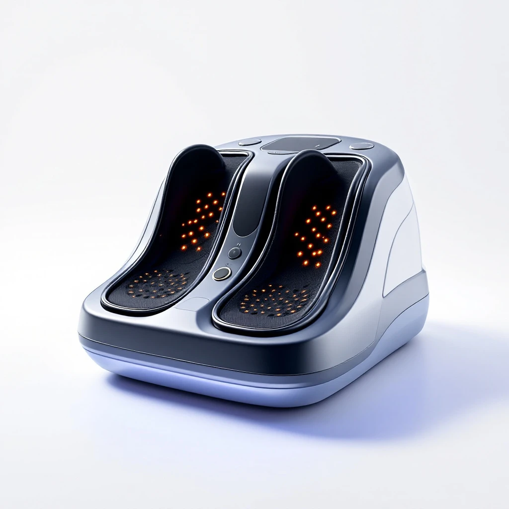StrideSpot EMS foot circulation massager — contoured foot unit with handheld remote